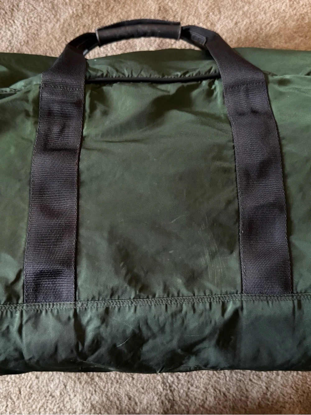 Prada Dark Olive Nylon Duffel Bag with Black Straps. Versatile Travel Piece!